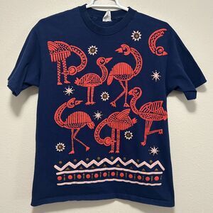 Vintage 90s‎ Ezl Ostrich Puff Print T-Shirt Navy Blue Made in USA One